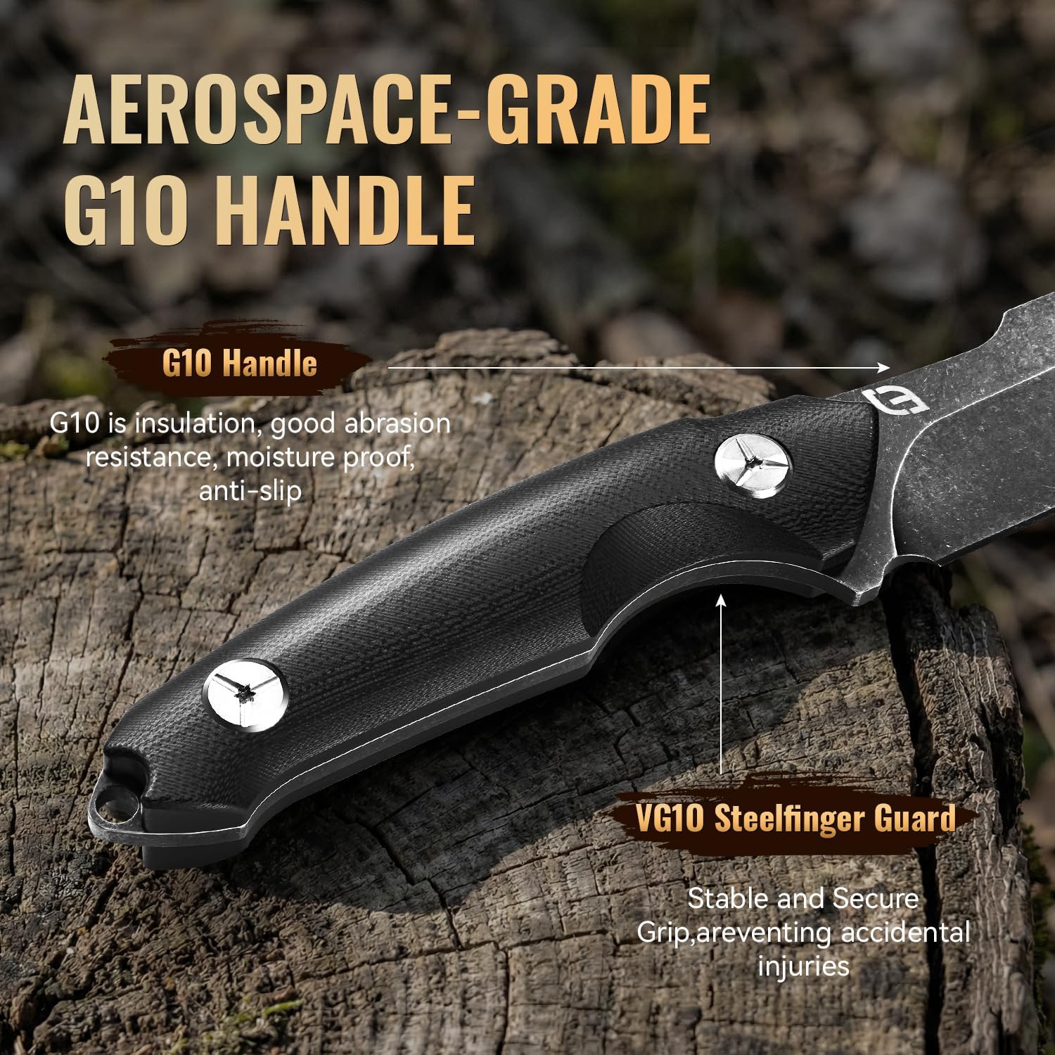 Fixed Blade Knife with Sheath, Black Stonewash Blade 4.33" Camping Knife with G10 Handle & Hidden Tool, Full Tang