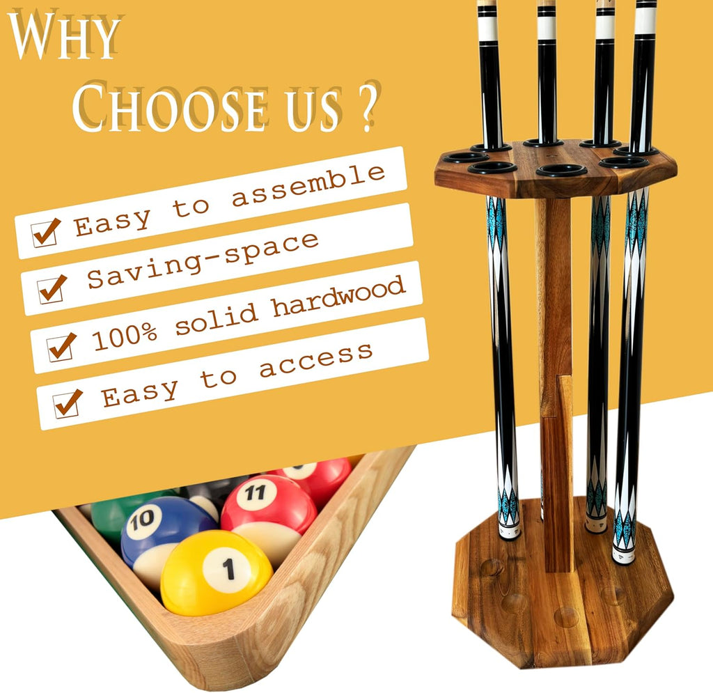 Freestanding Billiard Cue Rack, Pool Table Accessories Hold 8 Cues, Pool Cue Stick Holder, Wooden Floor Stand Pool