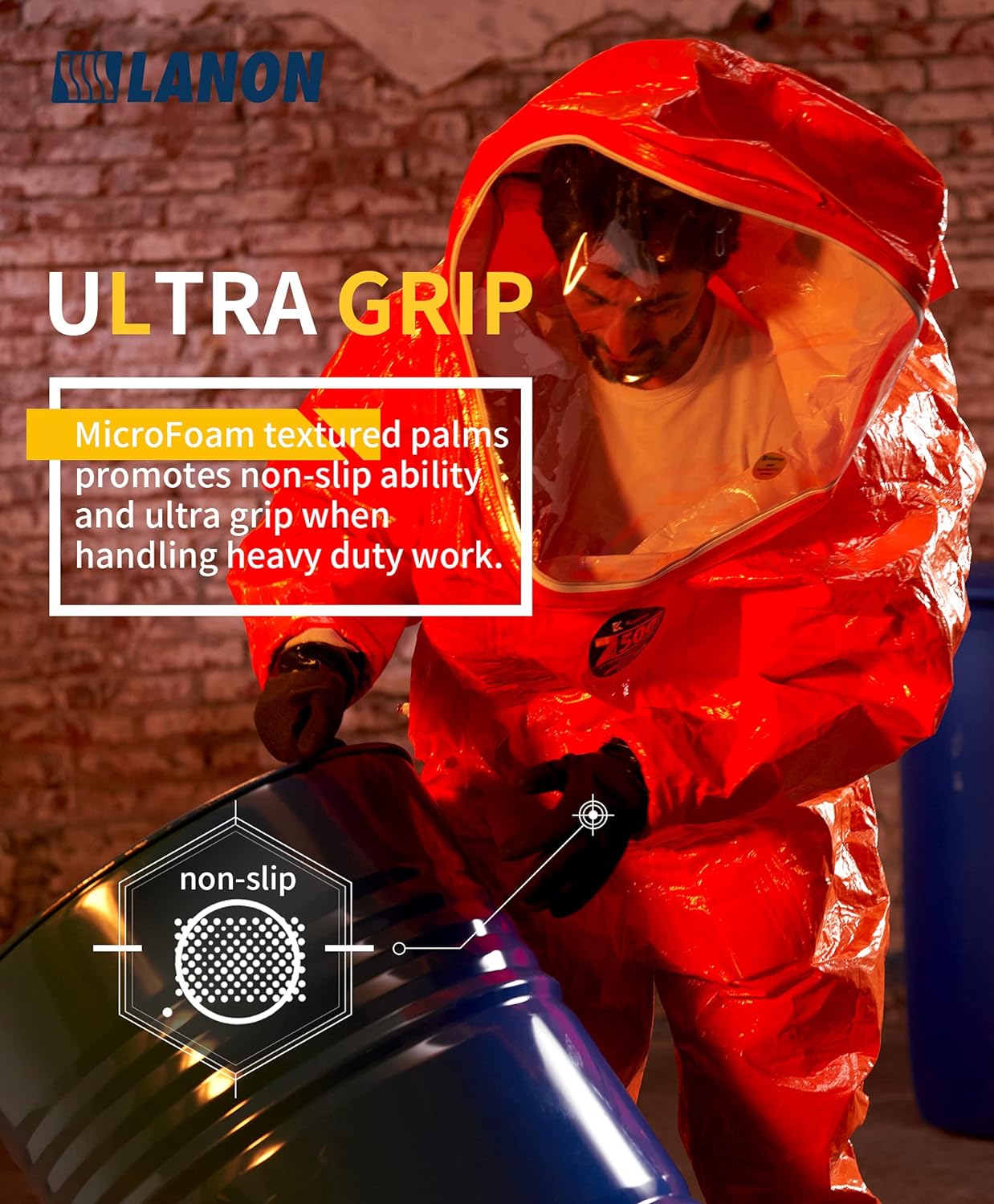 LANON Nitrile Chemical Resistant Gloves, Reusable Heavy-Duty Rubber Gloves with MicroFoam Textured Palm, Acid, Alkali