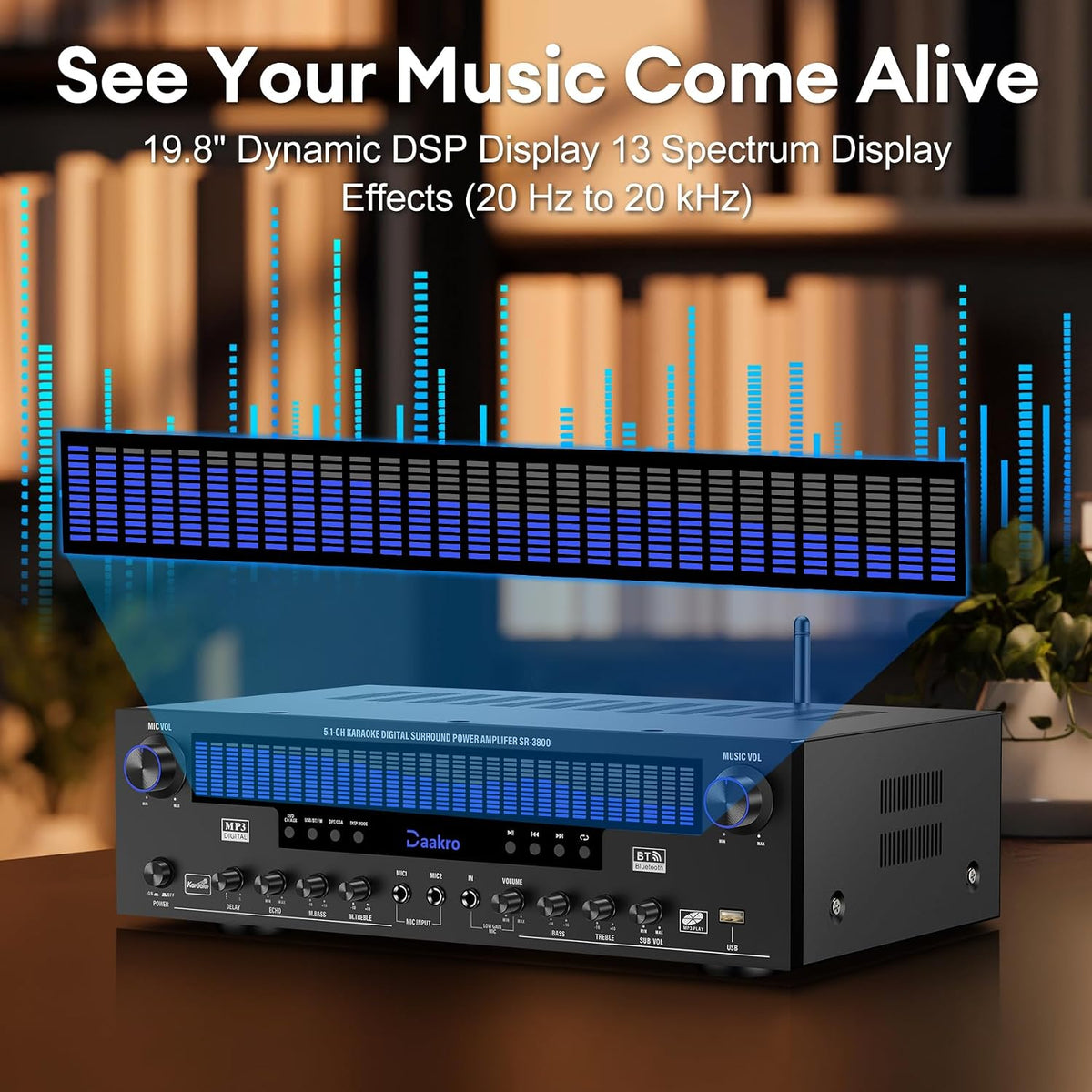 Stereo Receivers Home Audio Amplifier w/DSP Display,300W Rated Power 5.1 Channel Bluetooth Receiver,Home Amp