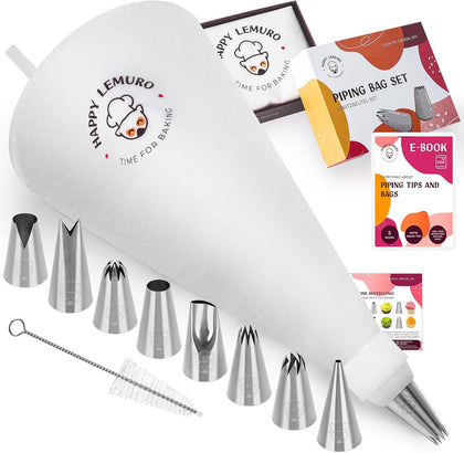 Professional Baking Piping Bags and Tips Set - Cotton Reusable Piping Bag 14" with 8 Stainless Steel Large Pastry