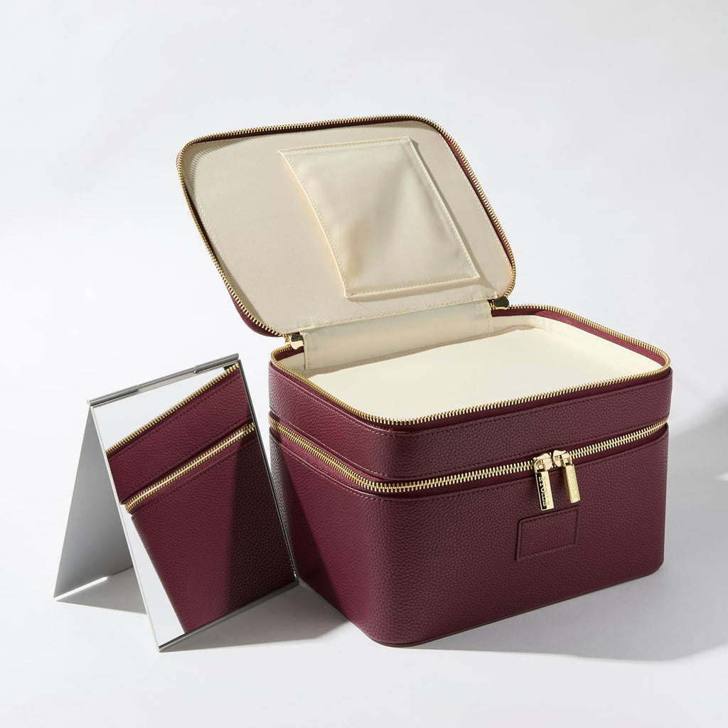 Duo Vanity Case Burgundy - Large Functional Travel Makeup Bag Organizer with Removable Divider & Mirror