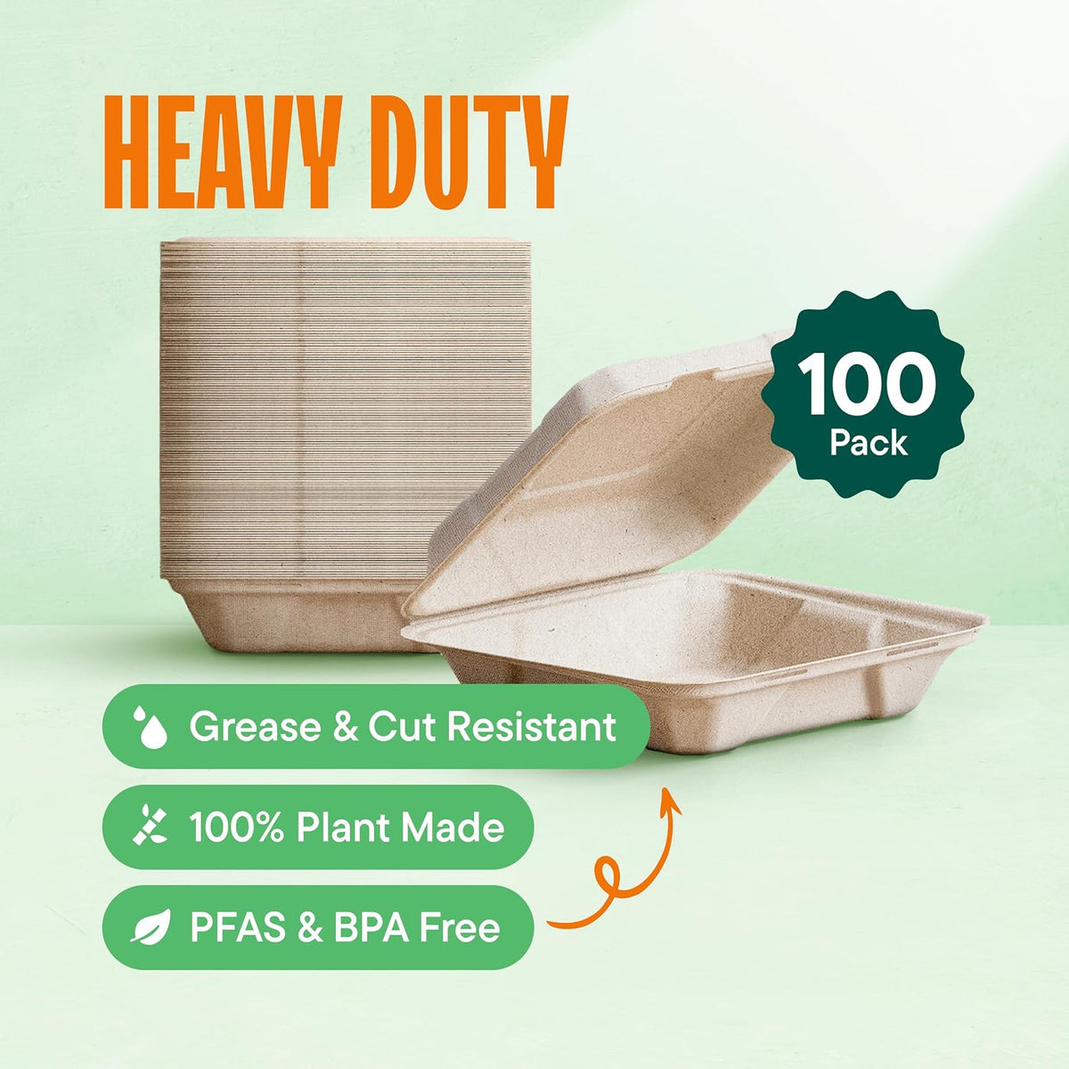 100% Compostable Clamshell Take Out Containers - 8x8 [100-Pack] Heavy Duty