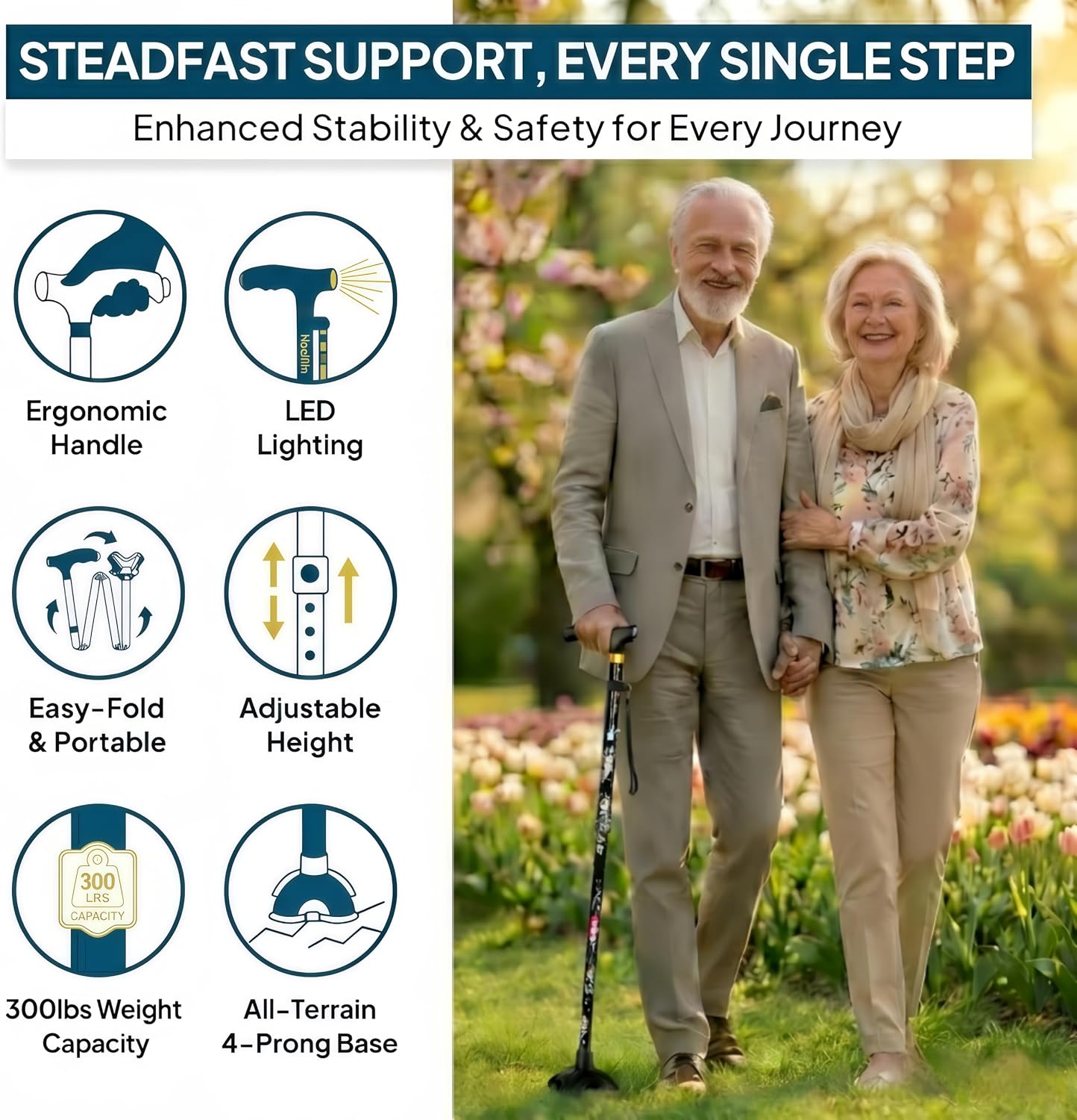 Walking Cane with LED Light, Foldable,Adjustable, Self Standing Walking Canes for Men & Women,Walking Sticks with