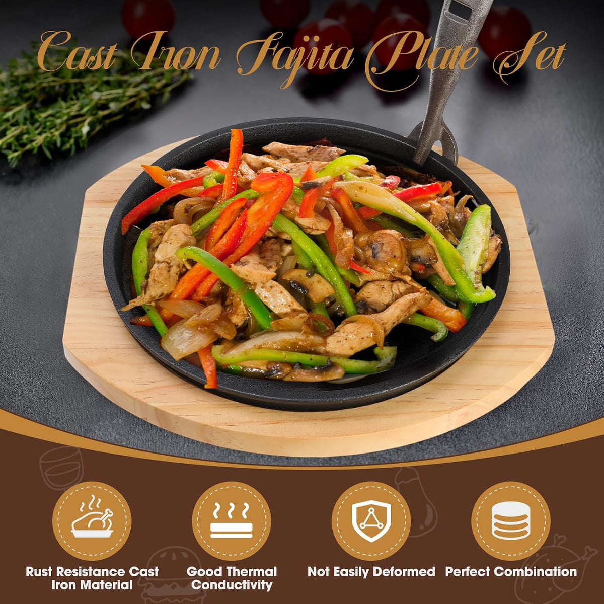 2 Set 10.3 Inch Cast Iron Fajita Plate Set with Wooden Base Anti Scald Protection Removable Handle Fajita Plate