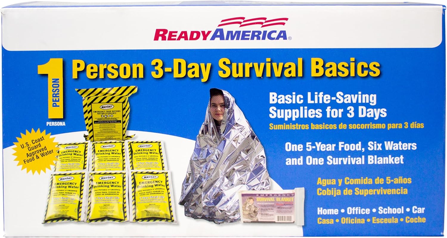 Ready America The Survival Box, 1-Person, 3-Day Emergency Kit Includes 5 Year Emergency Food, Water, Emergency