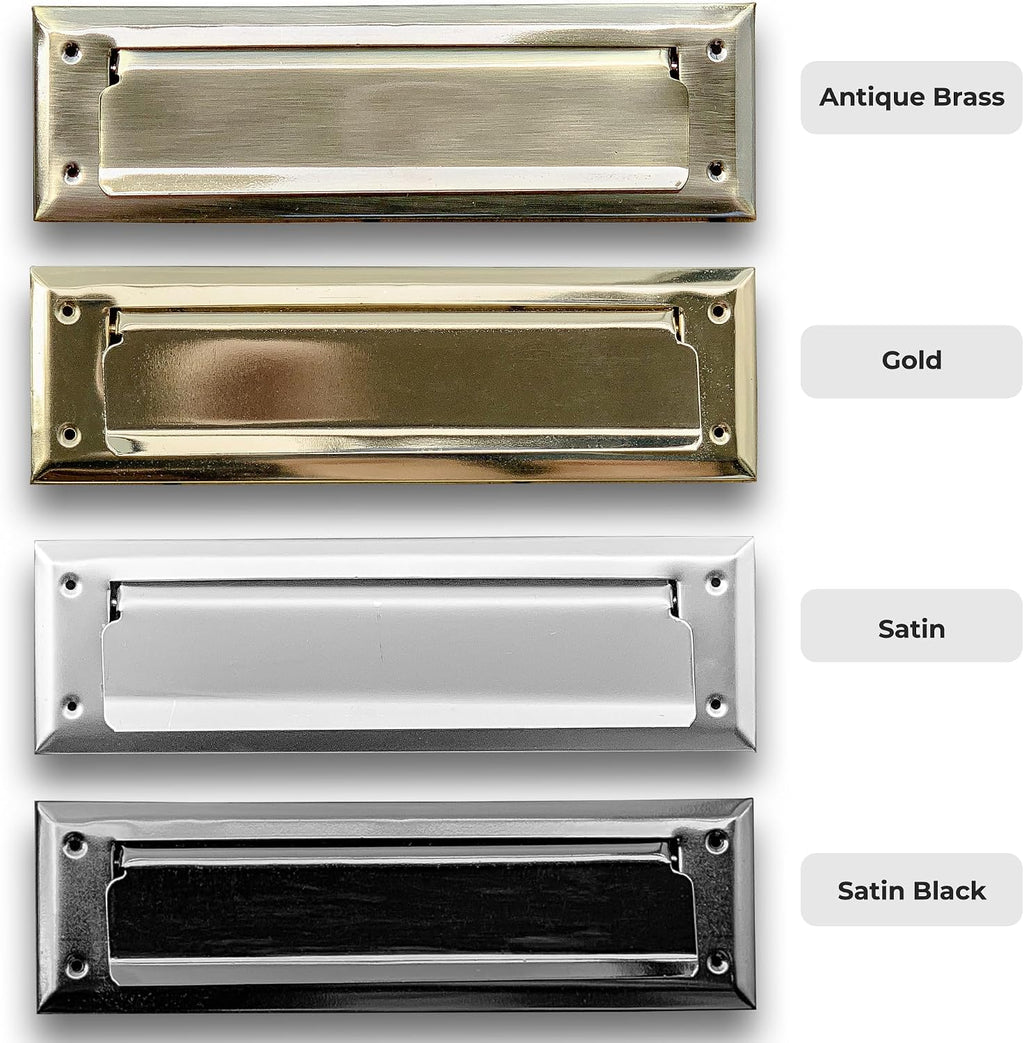 Solid Steel Gold Color | Mail Slot Fits to Most Doors | Outer Size 10 Inches by 3 inches | Set with Front and Rear