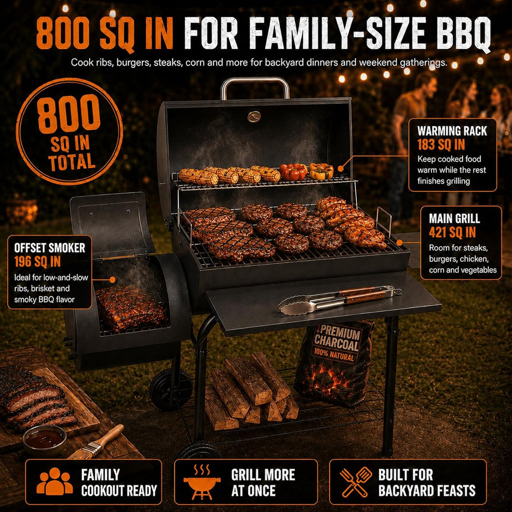 Charcoal Grill with Offset Smoker: Spacious Barrel Charcoal Grills