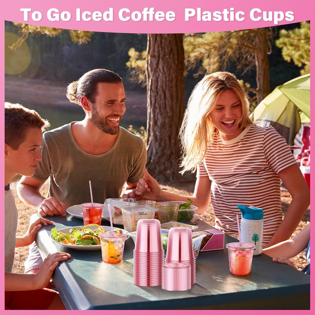 50 Pack 12 oz Pink Plastic Party Cups with Lids and Straws