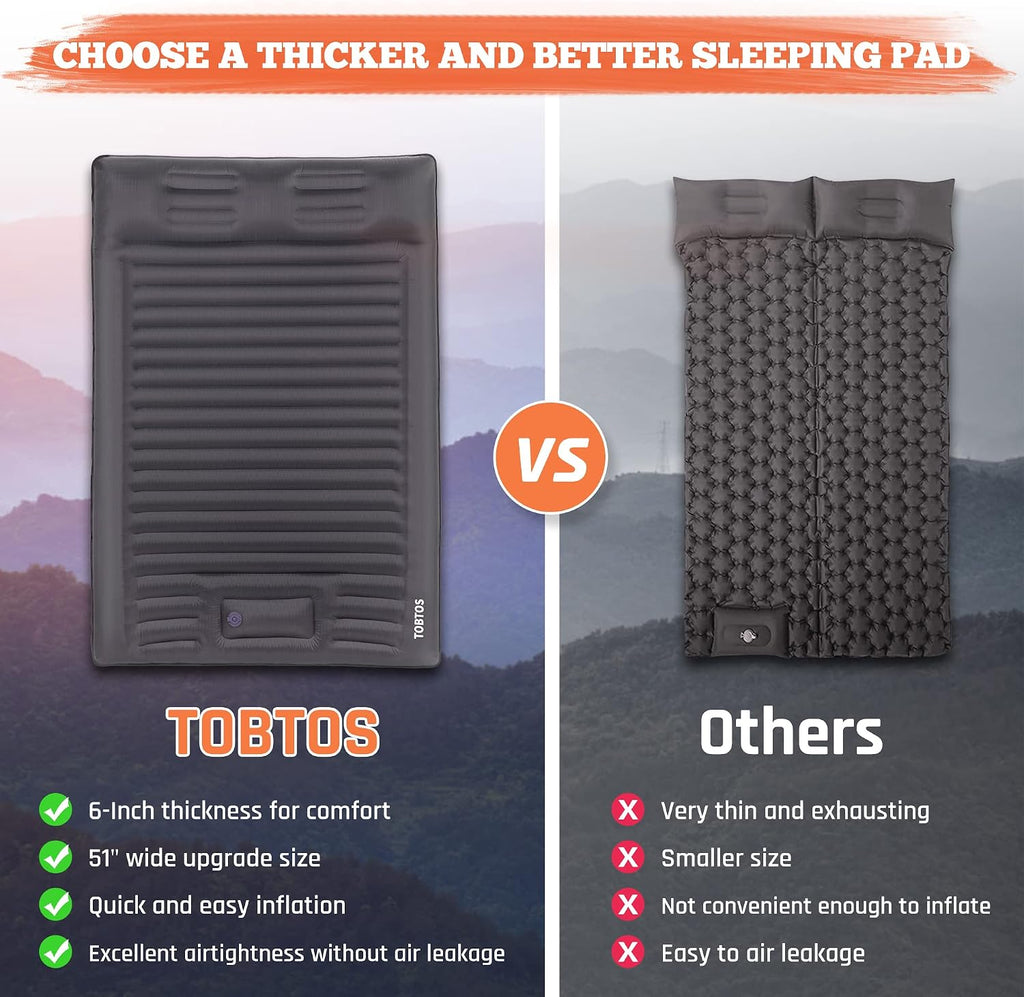 Double Sleeping Pad for Camping, Extra Thick 6" Camping Mattress 2 Person with Pillow Built-in Foot Pump, Inflatable