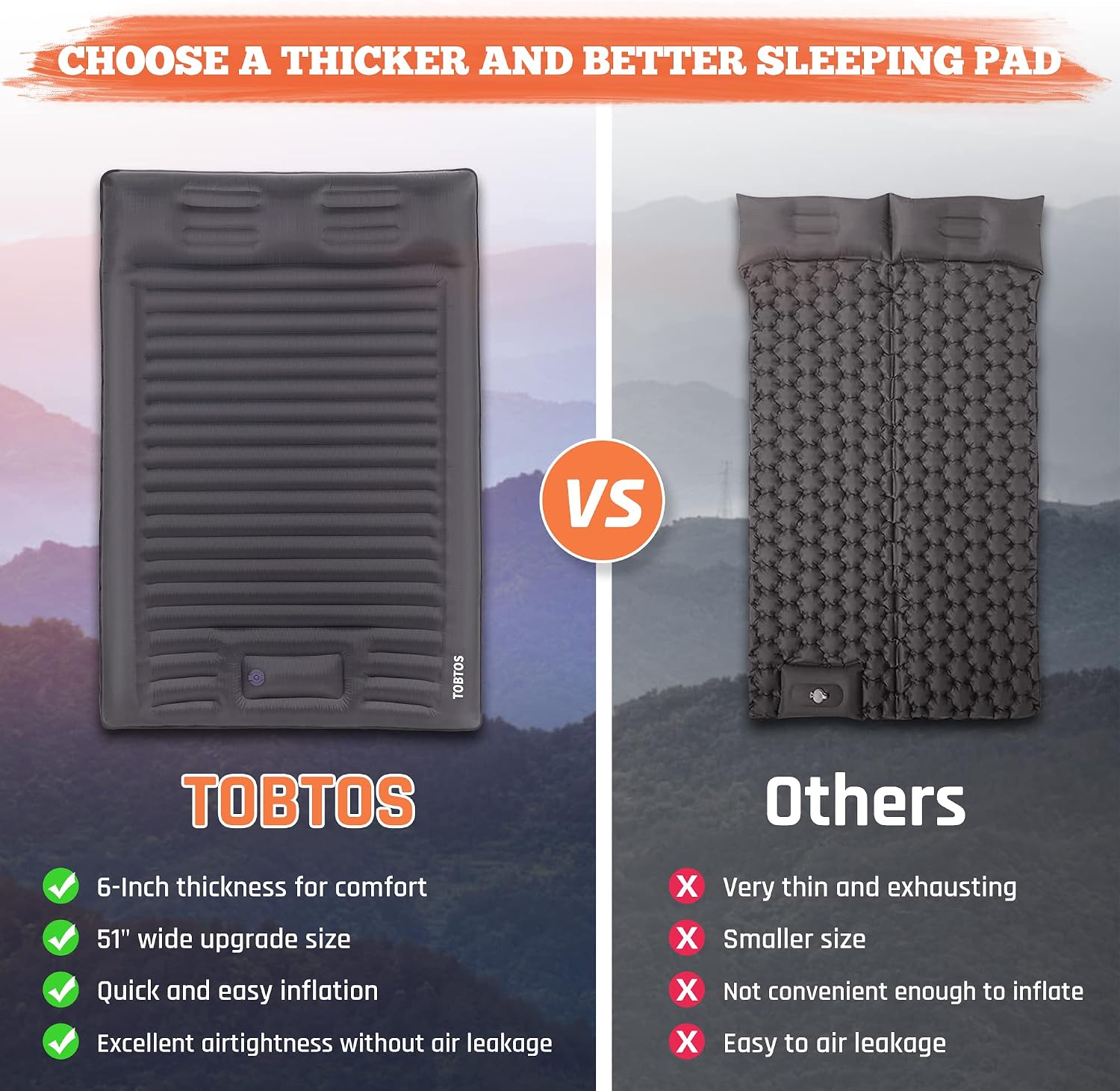 Double Sleeping Pad for Camping, Extra Thick 6" Camping Mattress 2 Person with Pillow Built-in Foot Pump, Inflatable