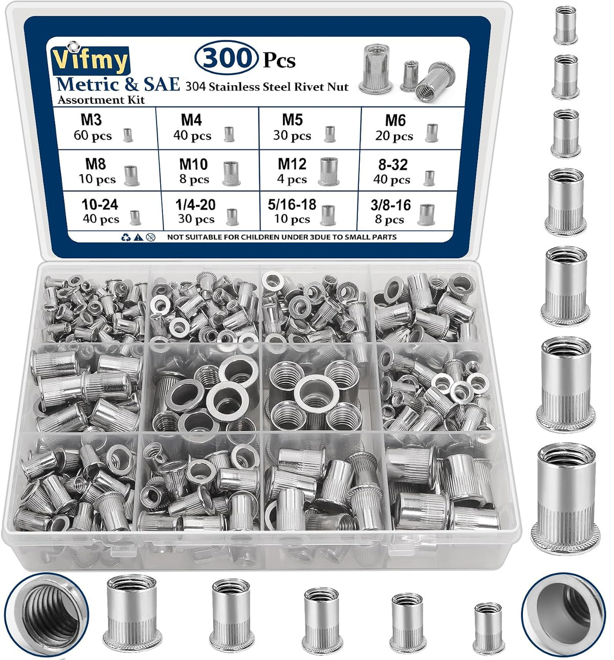 SAE & Metric Rivet Nut Assortment Kit 300 Pcs Stainless Rivnut