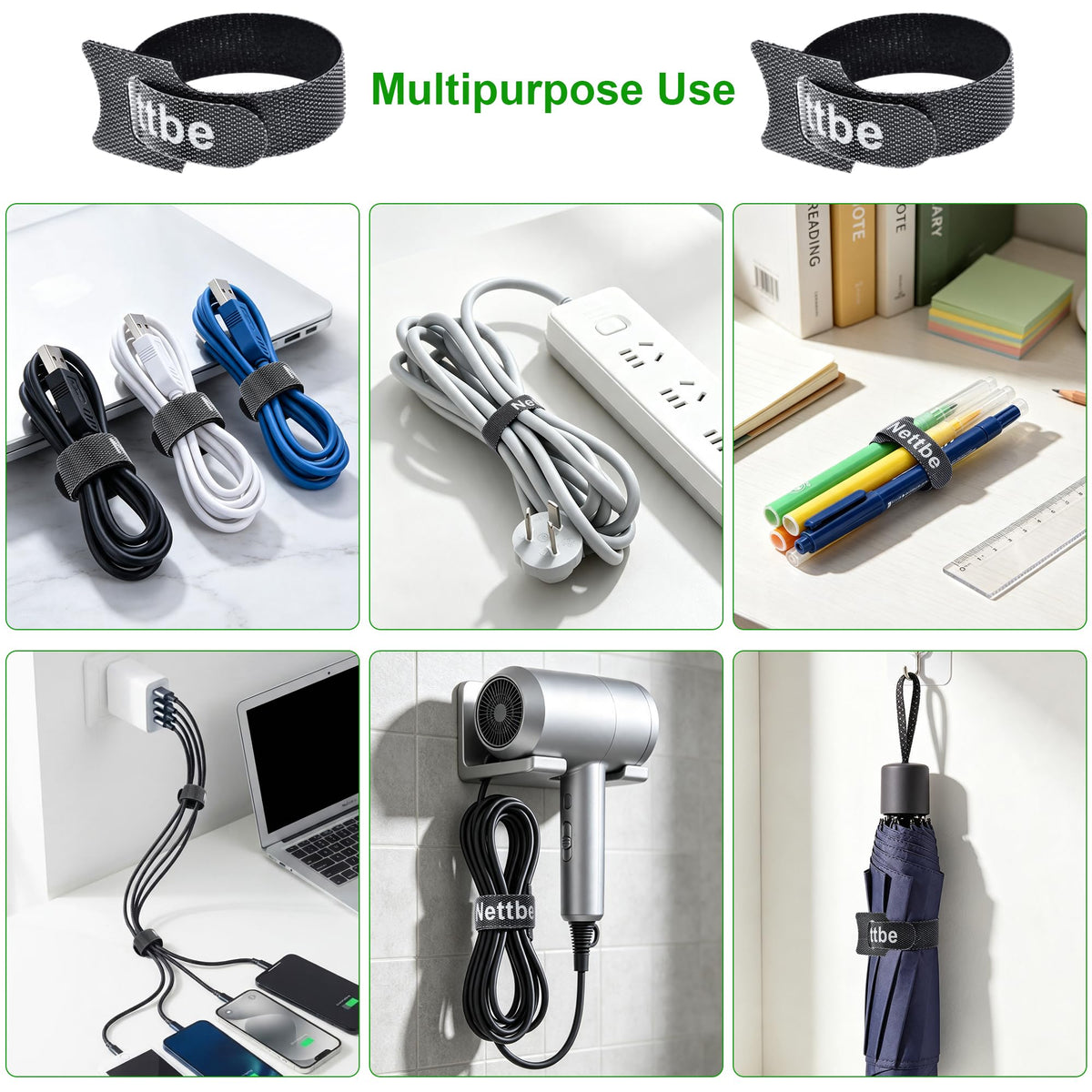 Nettbe 60 PCS 6 Inches Reusable Cable Ties, Adjustable Cord Straps Wire Organizer Cord Wrap and Hook Loop Cable Management