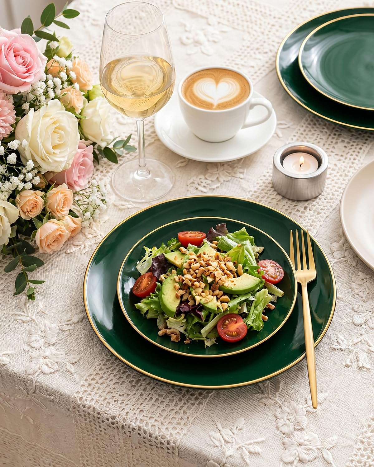 100PCS Green Plastic Plates - Green Disposable Plates With Gold Rim - Include 50 Pieces Dinner 10.25inch,50 Pieces