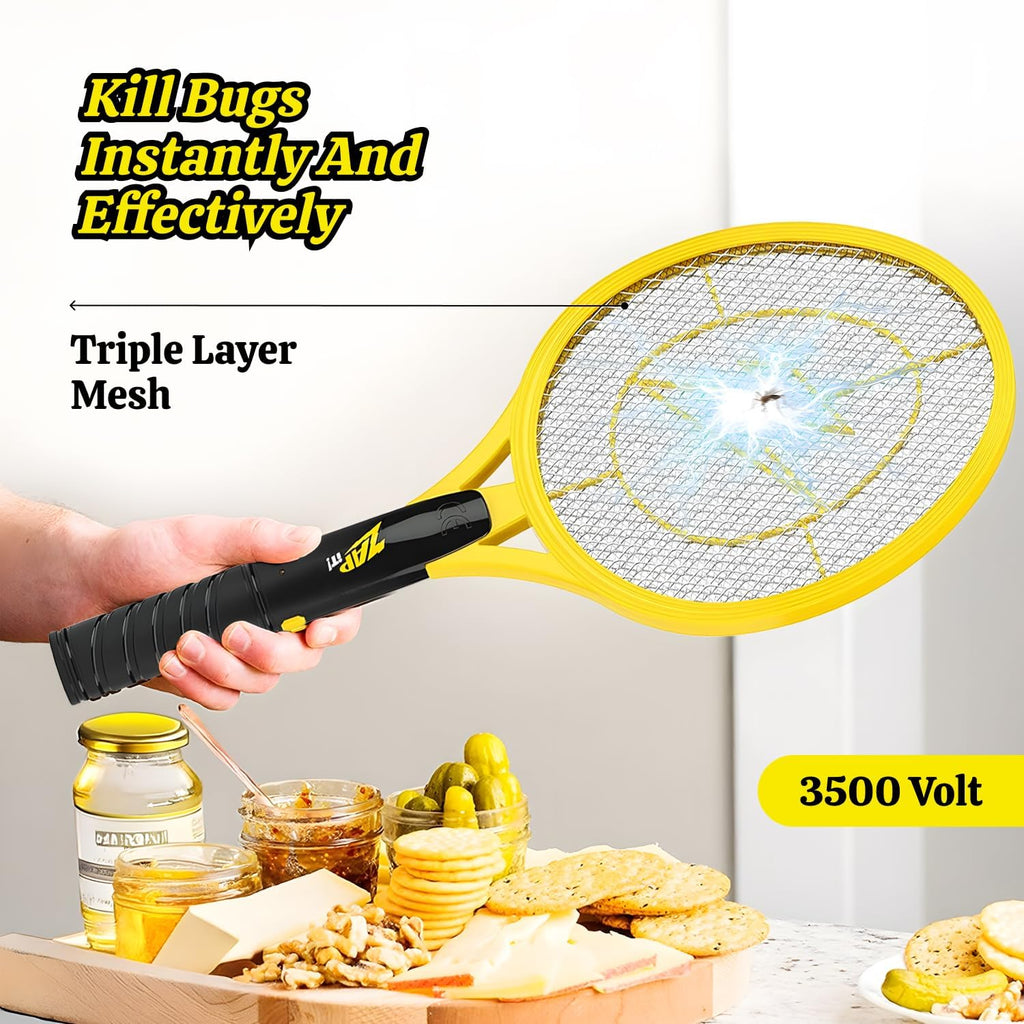 Battery Powered Fly Swatter Racket - 3,500-Volt Mosquito Zapper with 2 AA Batteries Included and LED Light -Medium
