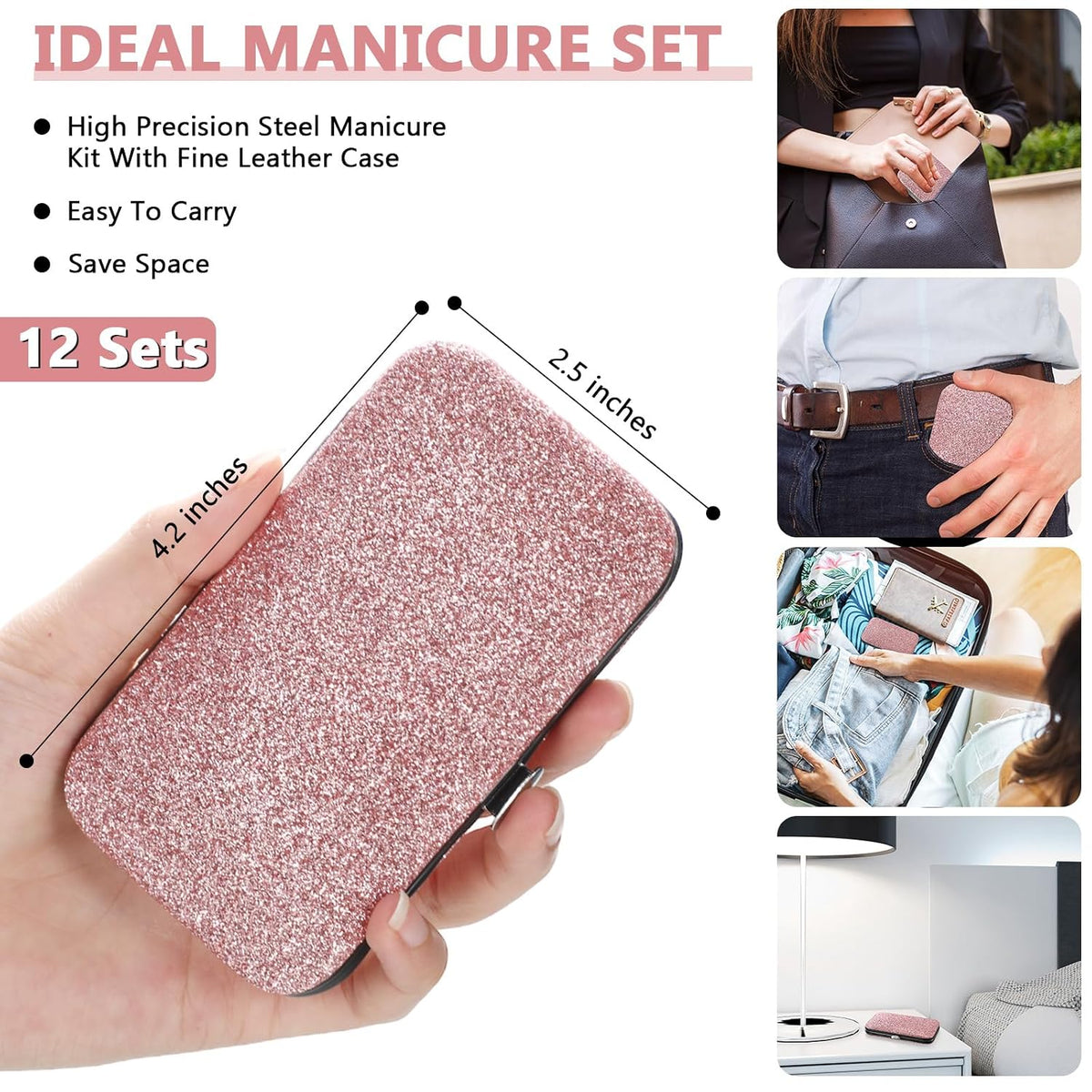 12 Sets Manicure Set Nail Clippers Pedicure Kit, Glitter Pink