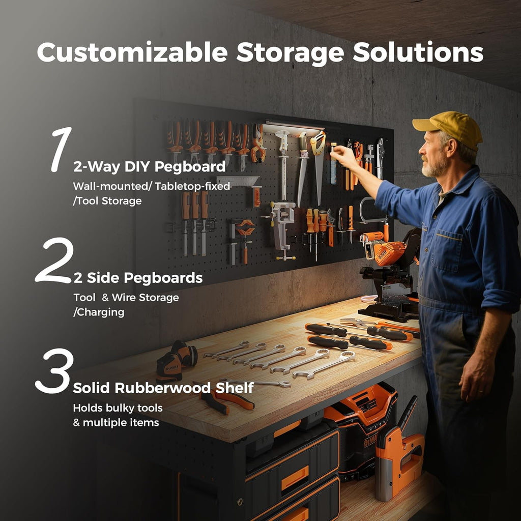 60" Work Bench with Storage & Pegboard, 2000LBS Max Load, Storage Shelf & Power Strip