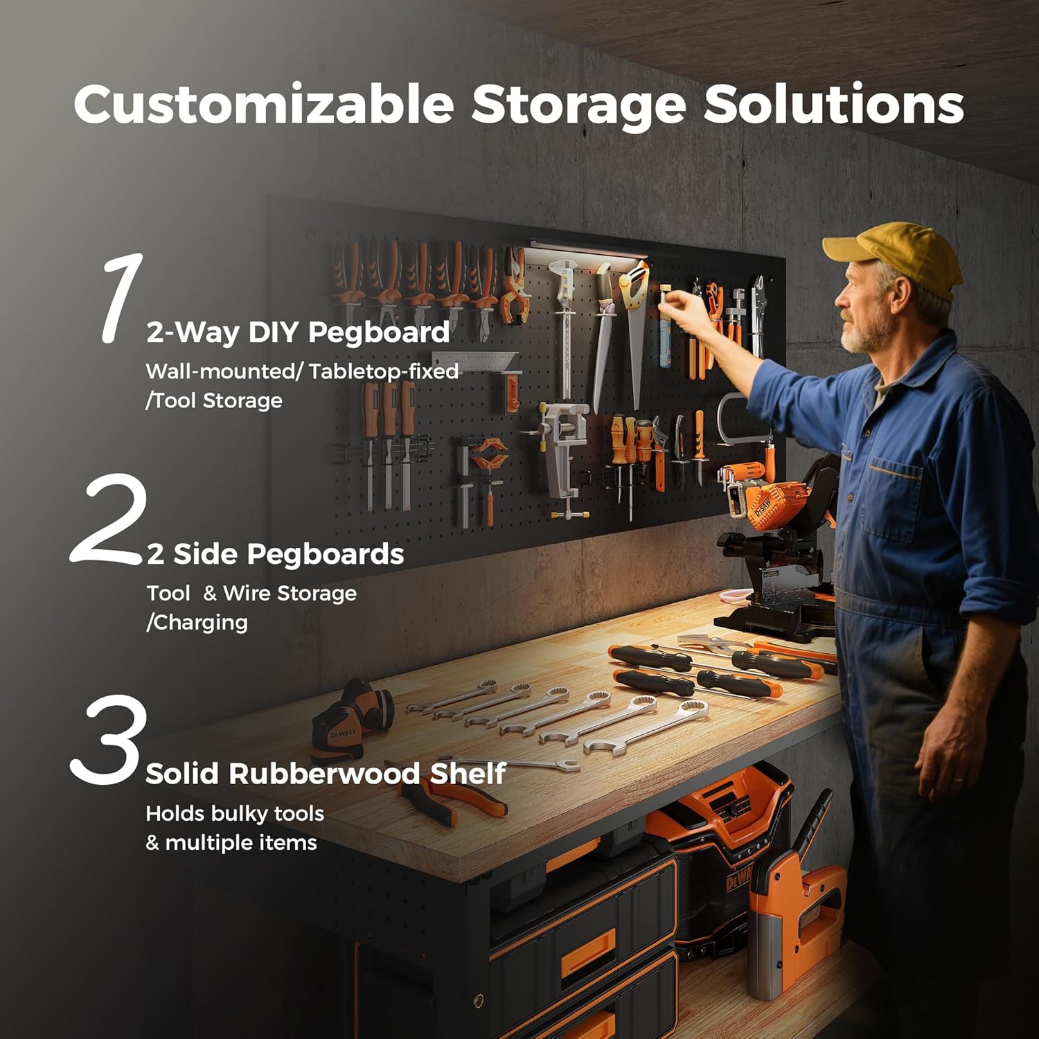 60" Work Bench with Storage & Pegboard, 2000LBS Max Load, Storage Shelf & Power Strip