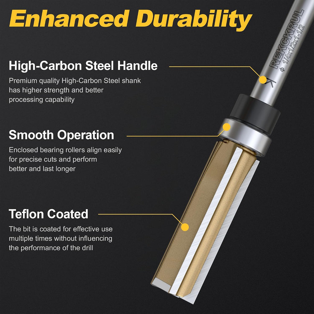 Pattern Flush Trim Router Bit, Top Bearing 1/4" Shank CD: 1/2" CL: 1-1/2" | Professional 3-Blade Carbide Tipped