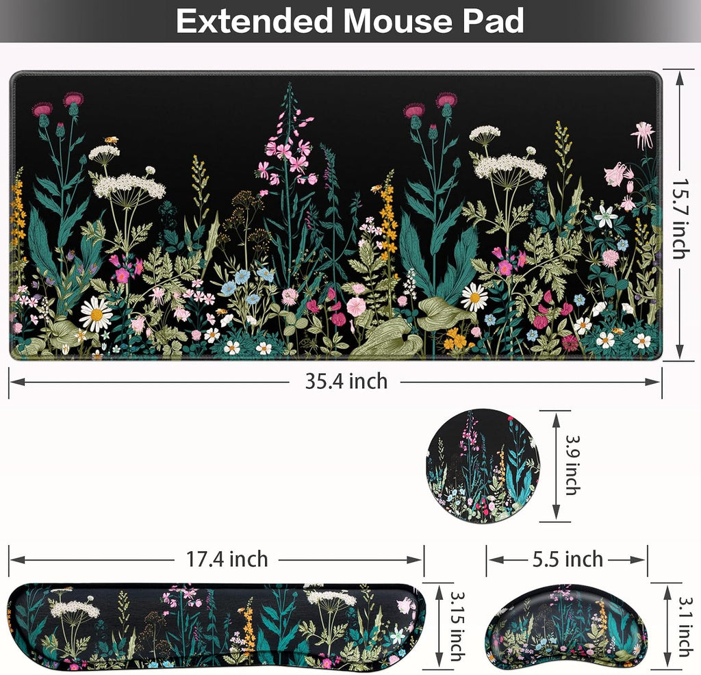 Desk Mat, Large Gaming Mouse Pad with Wrist Rest, 4in1 XXL Mousepad Floral | Keyboard Wrist Rest+Mouse Pad Wrist