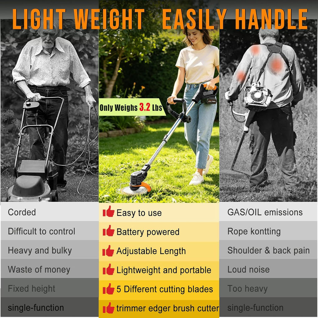Cordless Weed Wacker with 2 Batteries & Charger, 26 Metal/Plastic Blades | Electric Grass Trimmer, Lightweight