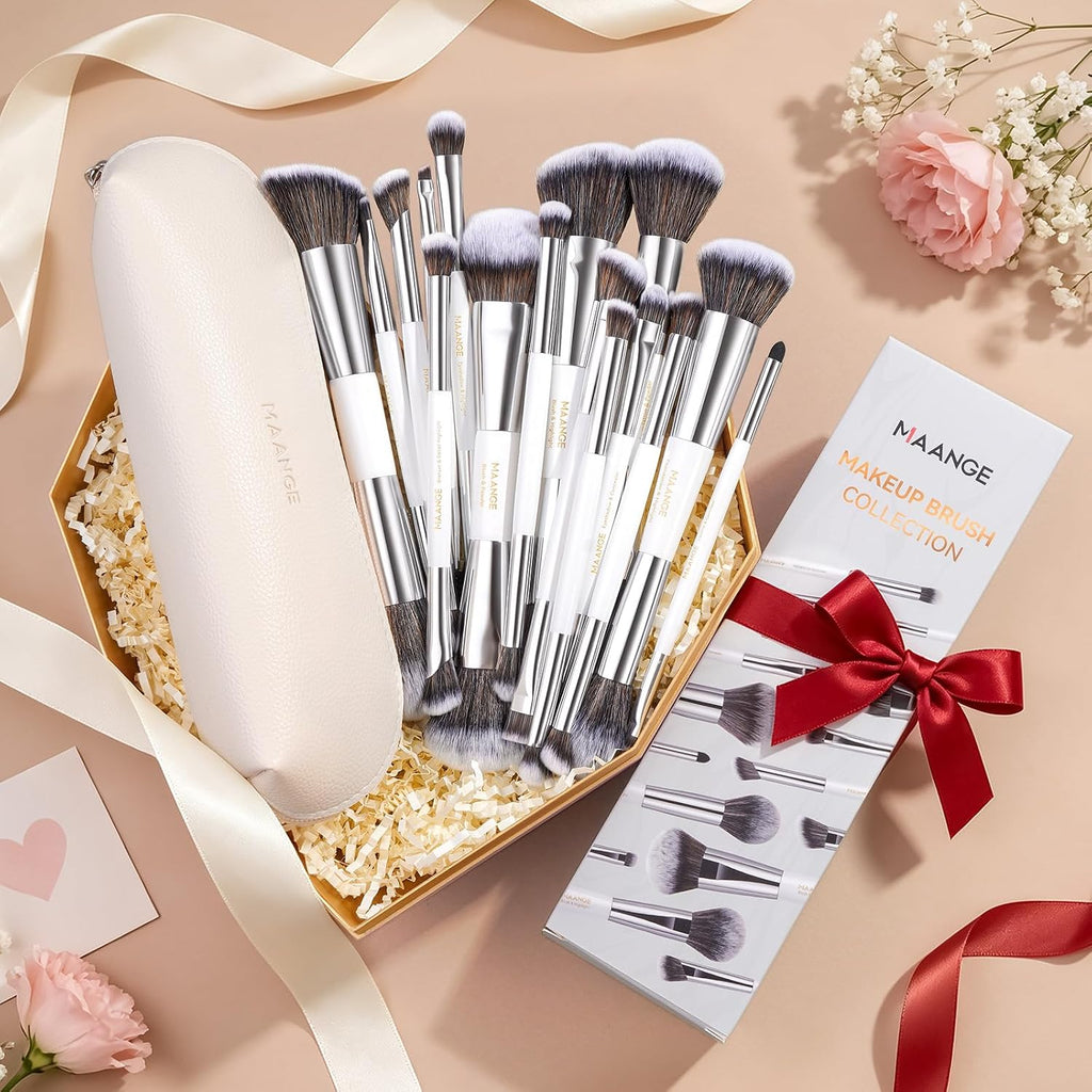 16pcs Double Ended Makeup Brush Set with Travel Case, Silver