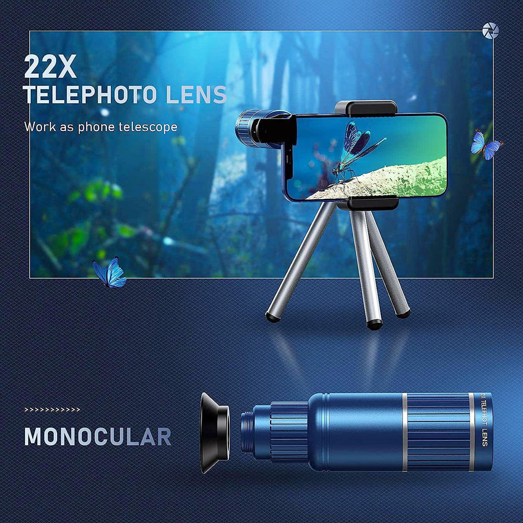 Phone Camera Lens Kit Upgraded Version — Includes 22X Telephoto Lens, 205° Fisheye Lens, 0.67X Wide Angle Lens, 25X