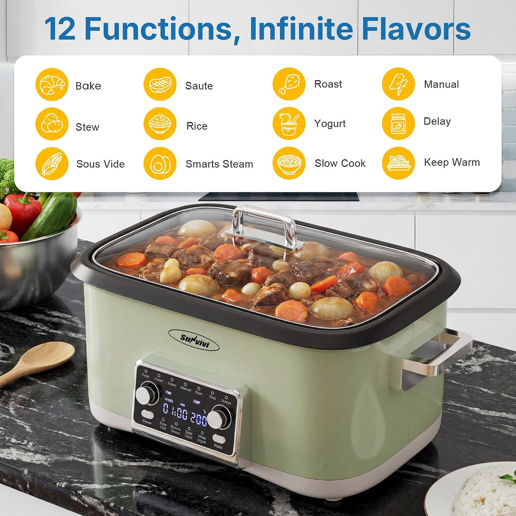 12-in-1 Programmable Slow Cooker Roaster Oven, 8 Quart Digital Multi-Cooker Food Warmer with Timer, Temp Control &