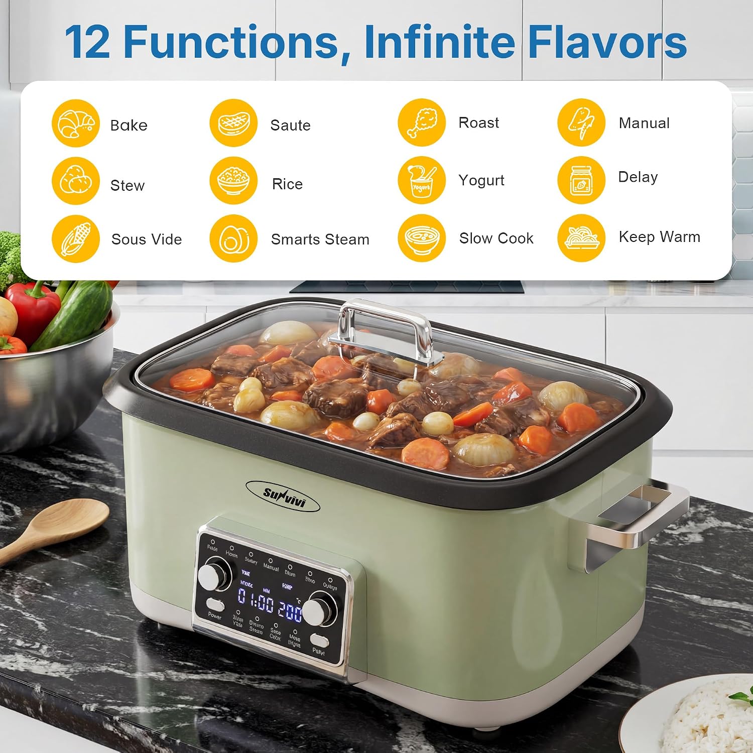 12-in-1 Programmable Slow Cooker Roaster Oven, 8 Quart Digital Multi-Cooker Food Warmer with Timer, Temp Control &