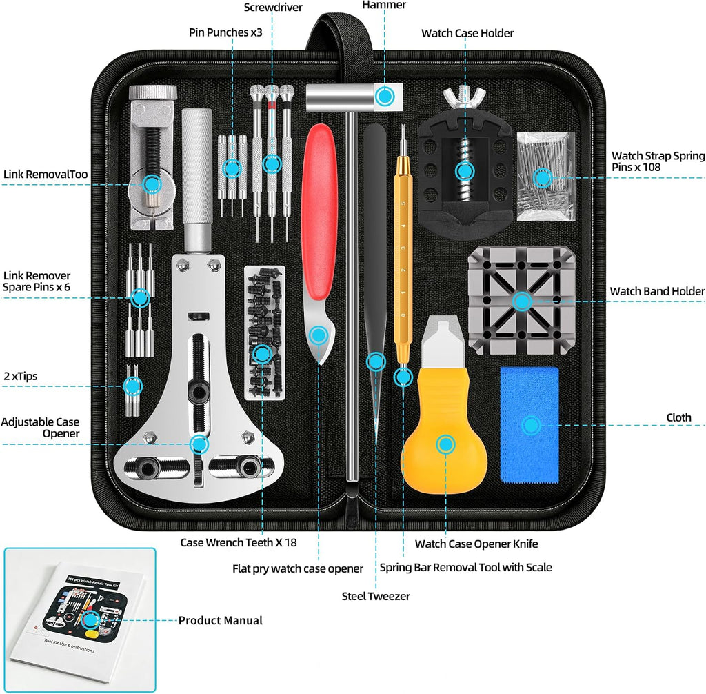 Watch Repair Kit, 151 PCS Professional Watch Battery Replacement Tool Kit, Watch Strap Bracelet Removal Tool with