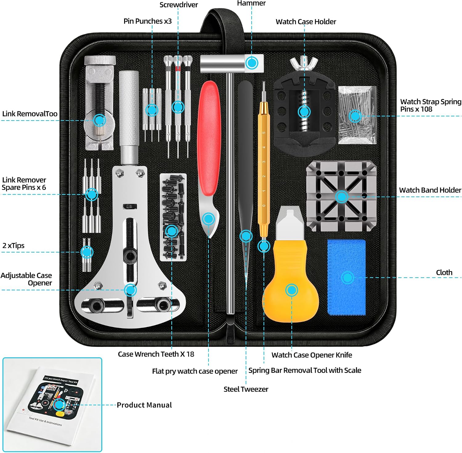 Watch Repair Kit, 151 PCS Professional Watch Battery Replacement Tool Kit, Watch Strap Bracelet Removal Tool with