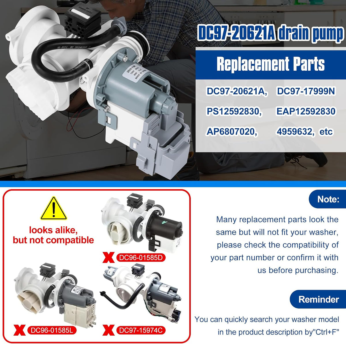 DC97-20621A Washer Drain Pump Assembly（OEM）Compatible with Samsung