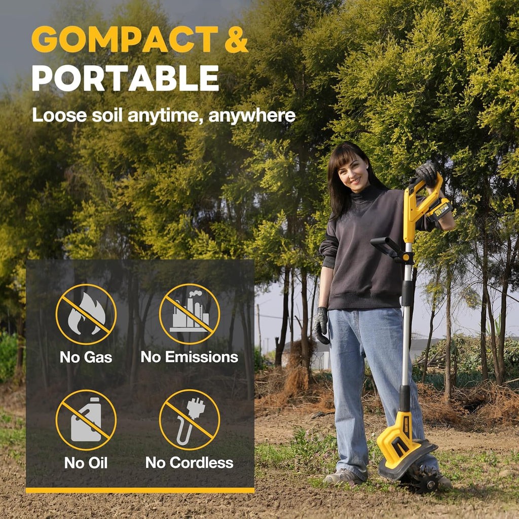 20V Cordless Tiller Cultivator, 360RPM Electric Garden Tiller, with 2 * 4.0Ah Batteries & Charger, 9In Tilling Width