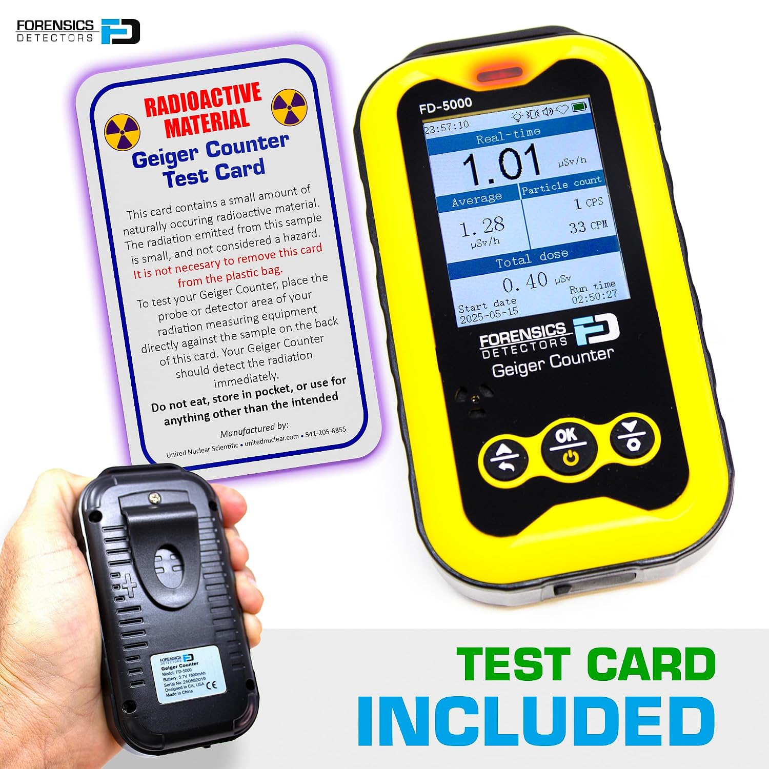 Geiger Counter + Radiation Test Card | Upgraded 20-Year Sensor Life | Radiation Detector | Beta, Gamma, & X-Rays |