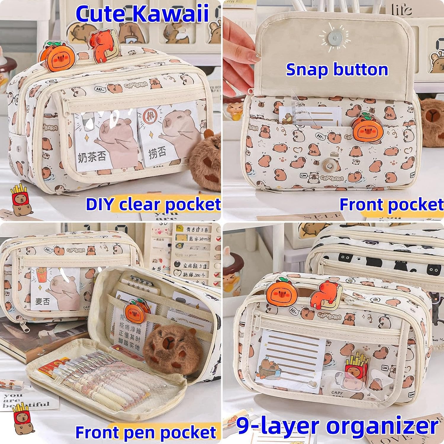 Cute Kawaii Pencil Case Pouch Cartoon Pen Box Holder Organizer for Office Workspace Supplies Desk Accessories Travel