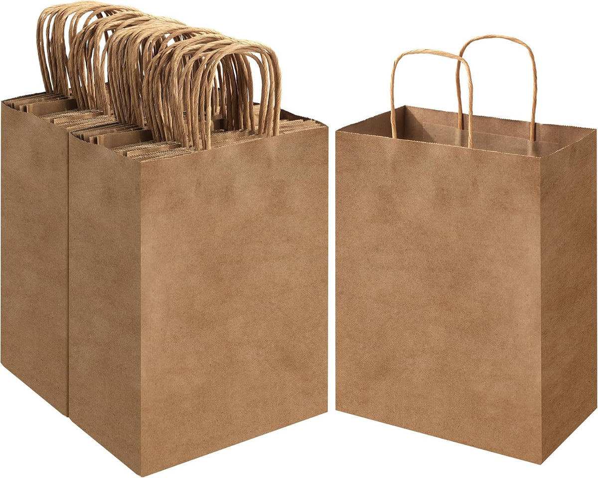 Brown Kraft Paper Bags 100 Pack 8x4.5x10.8 in Medium with Handles