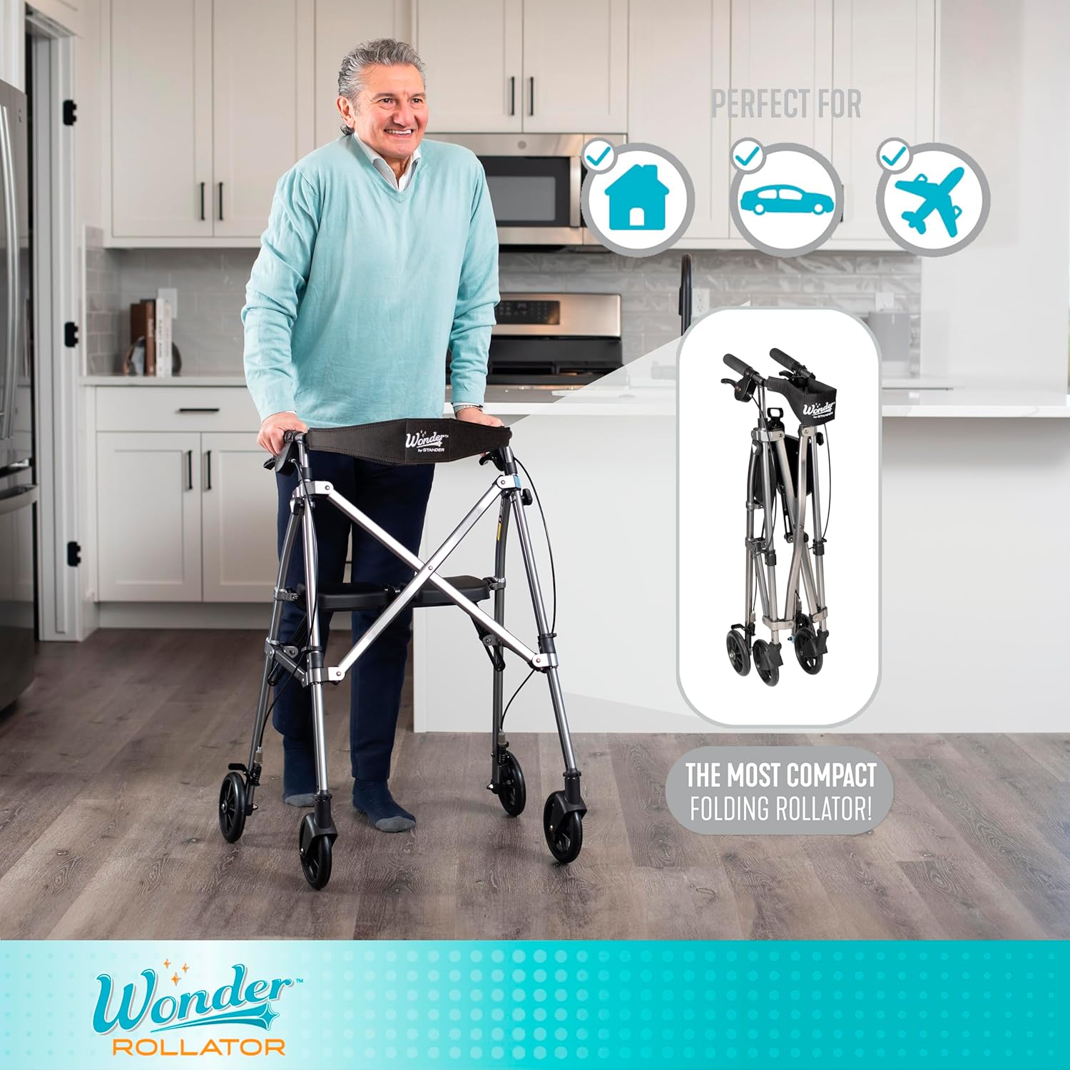 Stander Space Saver Rollator, Lightweight Folding Rolling Walker with Seat for Seniors & Adults, 4-Wheel Mobility Aid