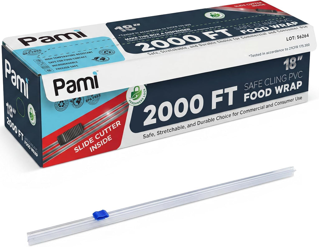 18 in x 2000 ft PVC Cling Wrap,Heavy Duty,Slide Cutter,Clear,Food Safe