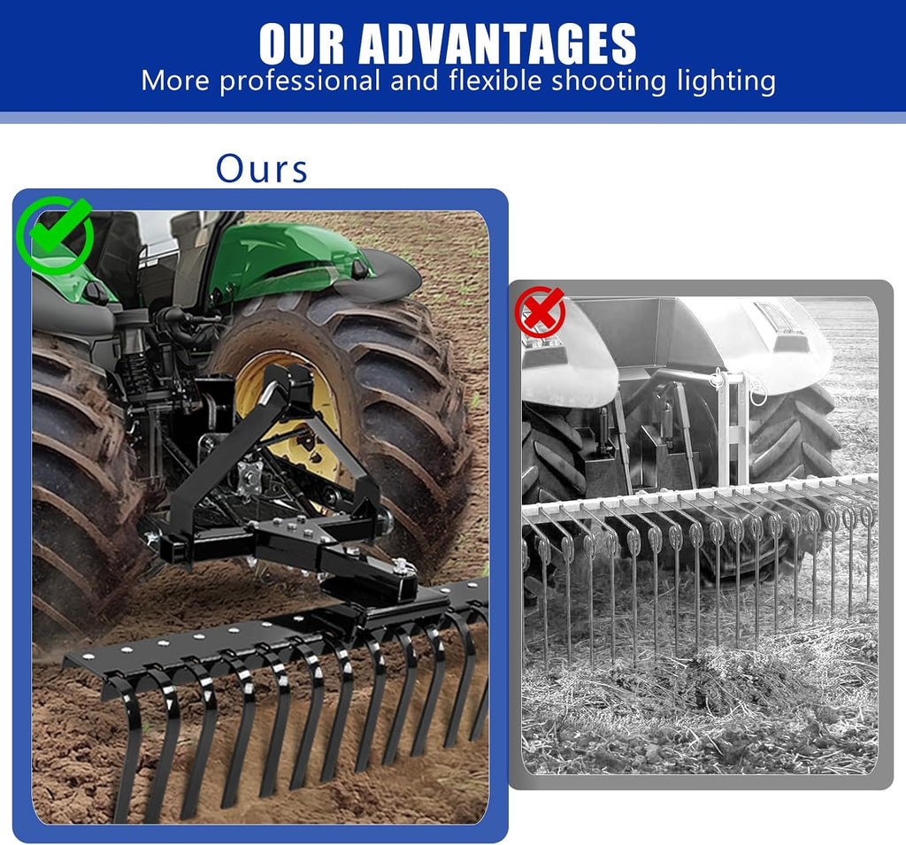 3 Point Hitch Landscape Rake, 49" Adjustable Spring Steel Tractor Attachment for CAT-0 CAT-1 Tractors, Arena Grading