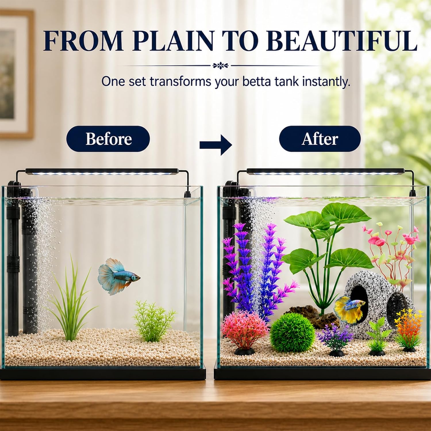 9 Fish Tank Decorations Set Aquarium Decor, Rock Cave Hideout, Artificial Aquarium Plants Plastic Betta Leaf Hammock
