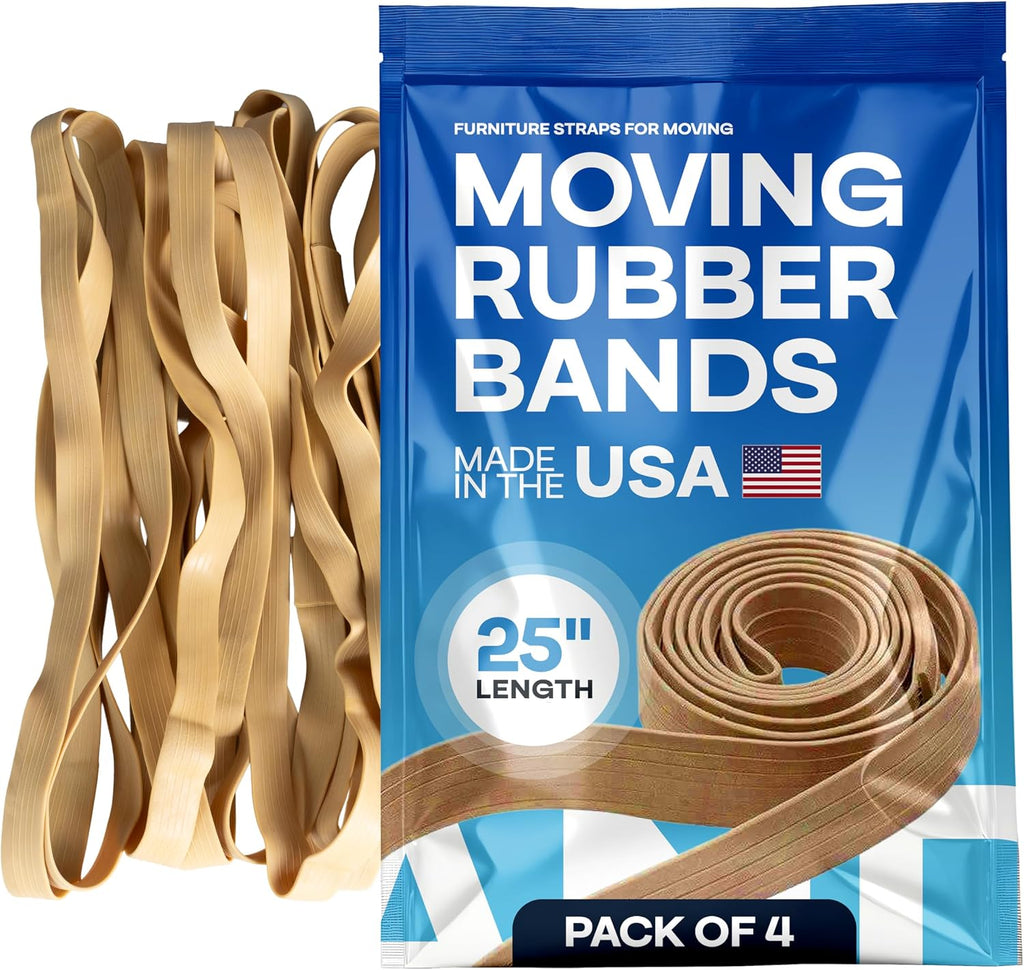 Beige Moving Bands 25", Pack of 4 - USA-Made Mover Rubber Straps for Furniture, Boxes & Moving Blankets - Strong