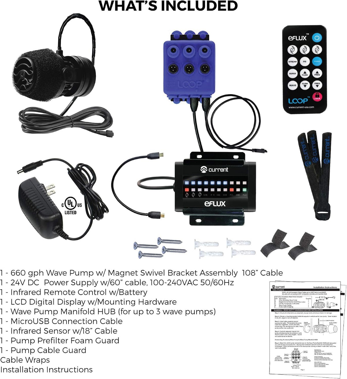 USA 660 GPH eFlux Nano Wave Maker Pump Kit (6000) | Magnetic DC Powerhead with LED Display Controller for Saltwater