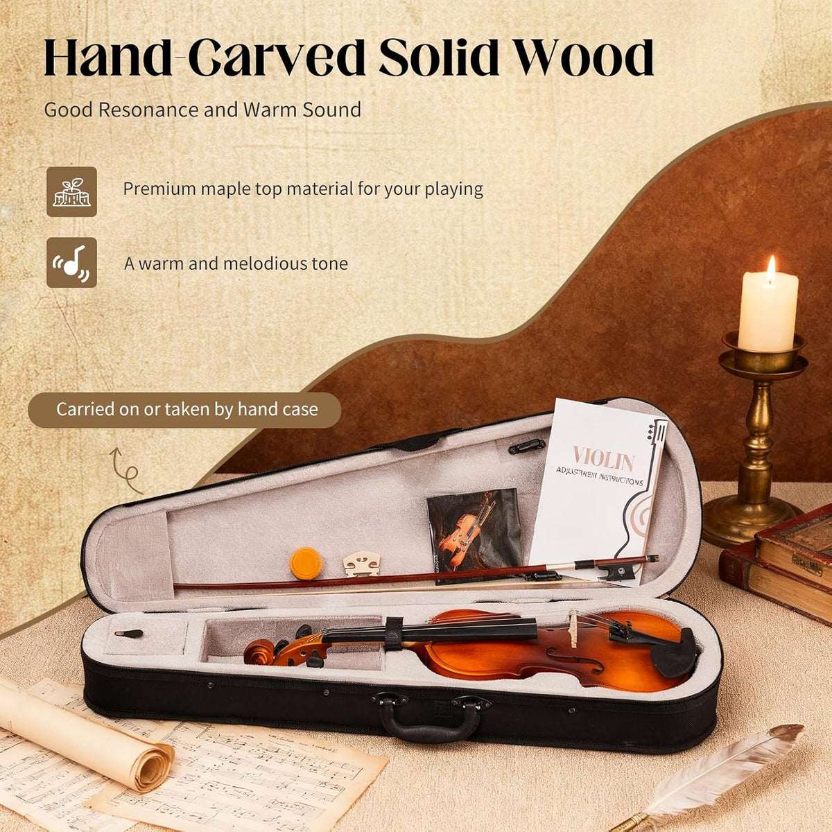 4/4 Full Size Acoustic Violin, Matte Finish | Beginner Kit, Hard Case, Bow, Rosin, Shoulder Rest, Bridge, Extra Strings