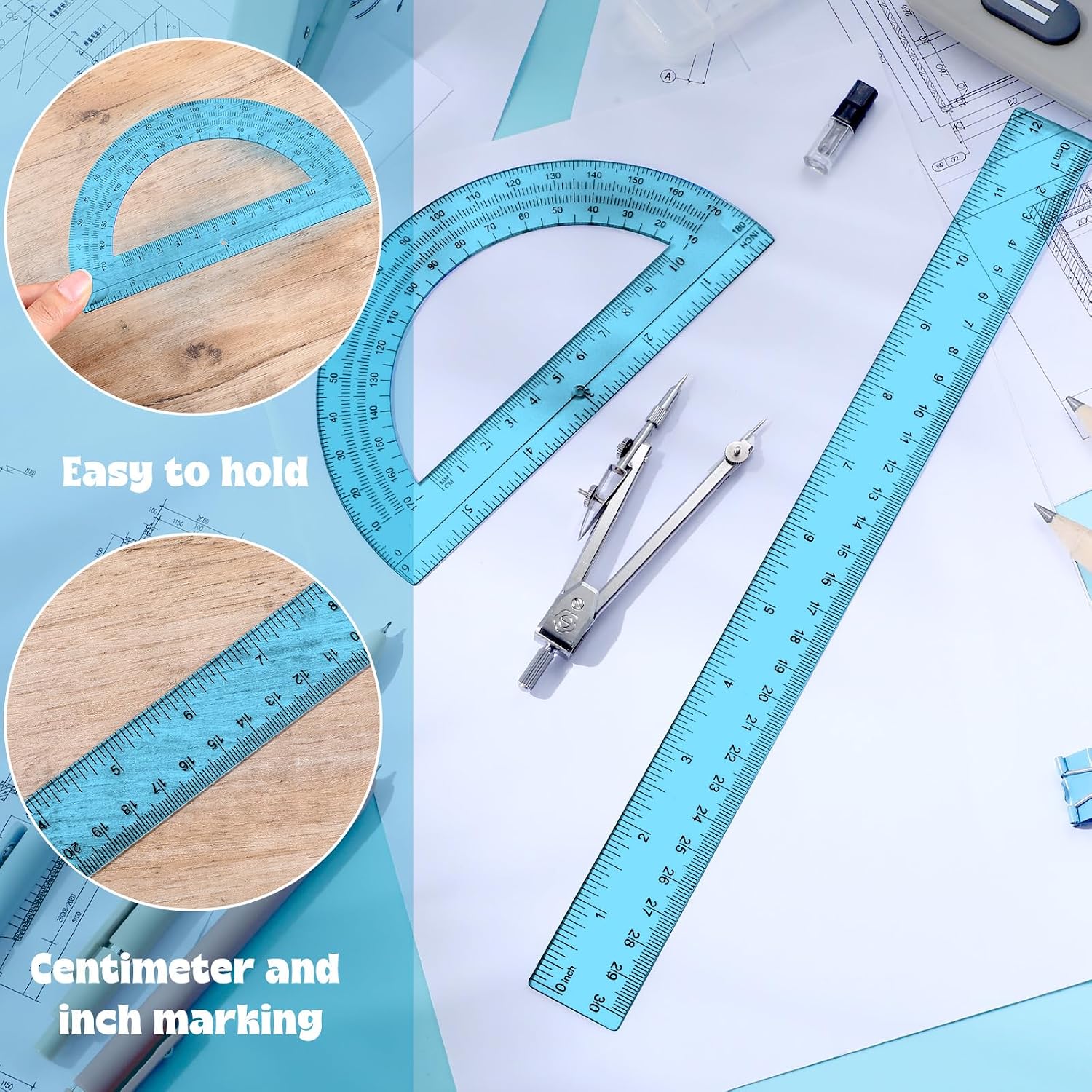 3 Pcs Plastic Ruler 6 Inch Protractor Drawing Compass Set, Student Geometry Math Transparent Measuring Tools for Home