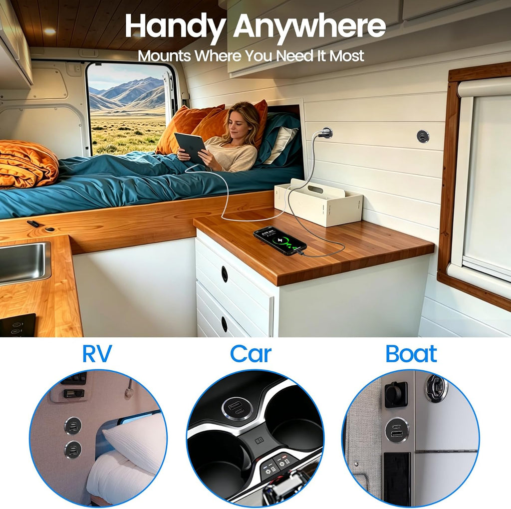 12V USB Outlet All-Aluminum QC 3.0 USB-A & USB-C PD3.0 Dual Fast Car Charger Socket, Recessed Mount Car USB Port for