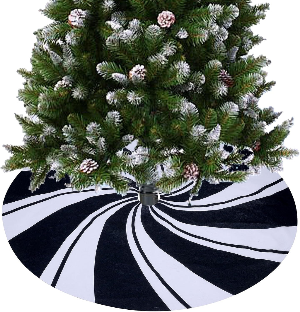 48 Inch Christmas Tree Skirt, White Nonwoven Sublimation Printed Black and White Candy Stripe Christmas Tree Skirt