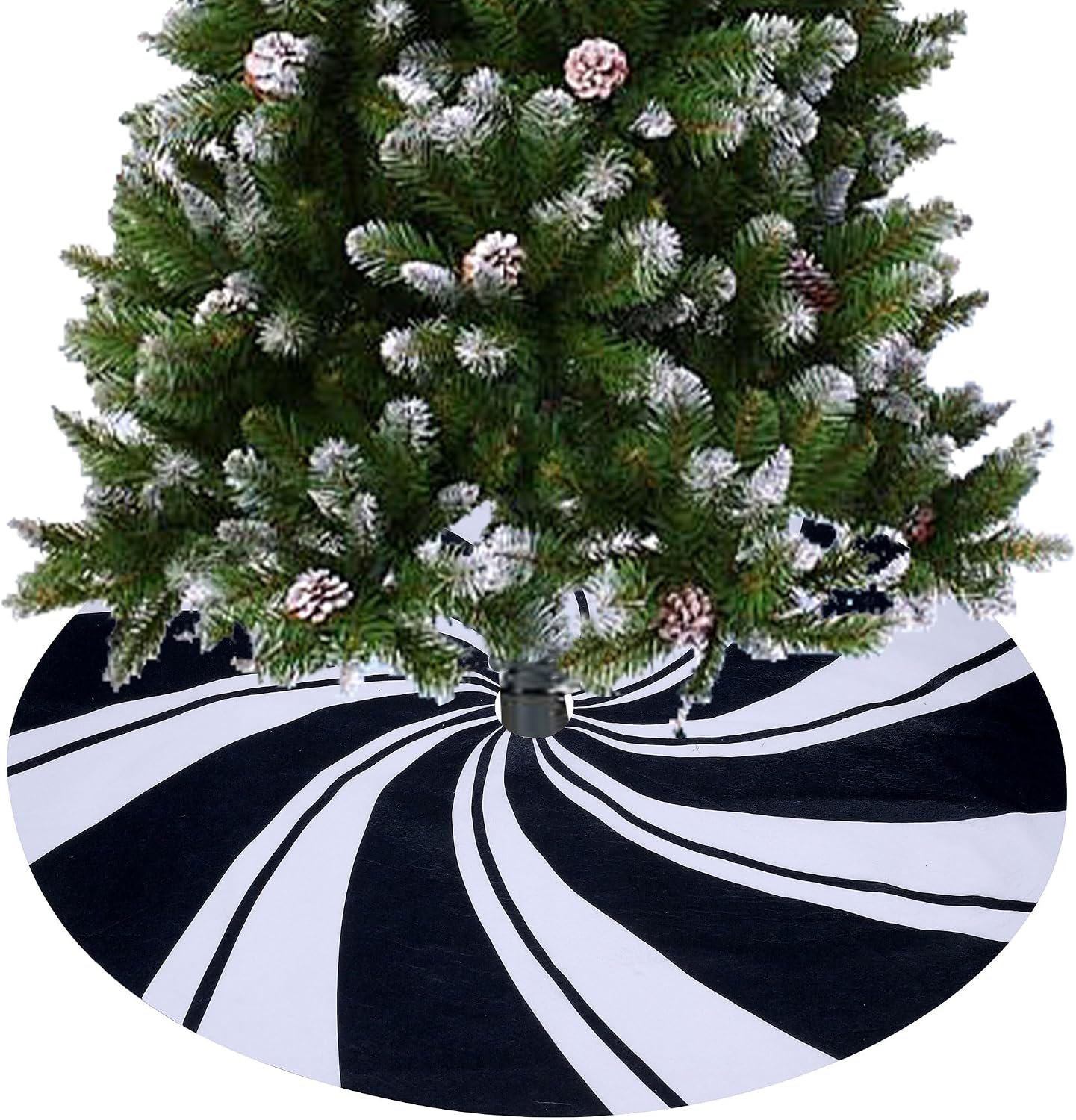 48 Inch Christmas Tree Skirt, White Nonwoven Sublimation Printed Black and White Candy Stripe Christmas Tree Skirt