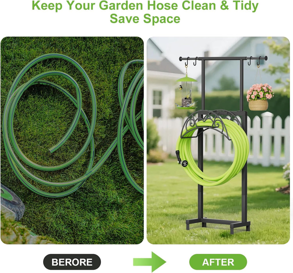 Garden Hose Holder with Telescopic Pole, Upgraded Heavy Duty Hose Stand Holds 150ft with 4 Spikes, Freestanding Metal