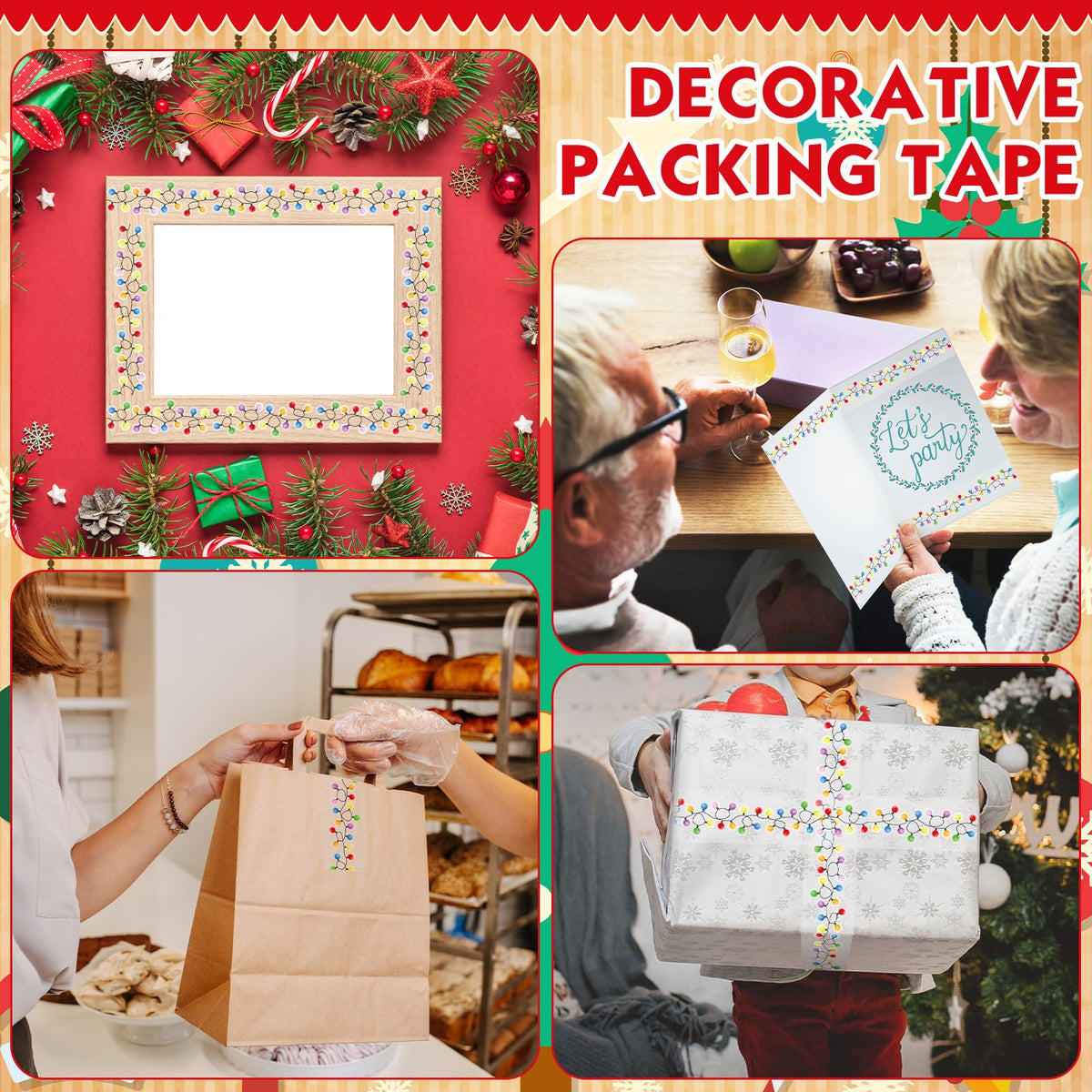 2 Roll Christmas Packing Tape Holiday String Lights Gift Wrap