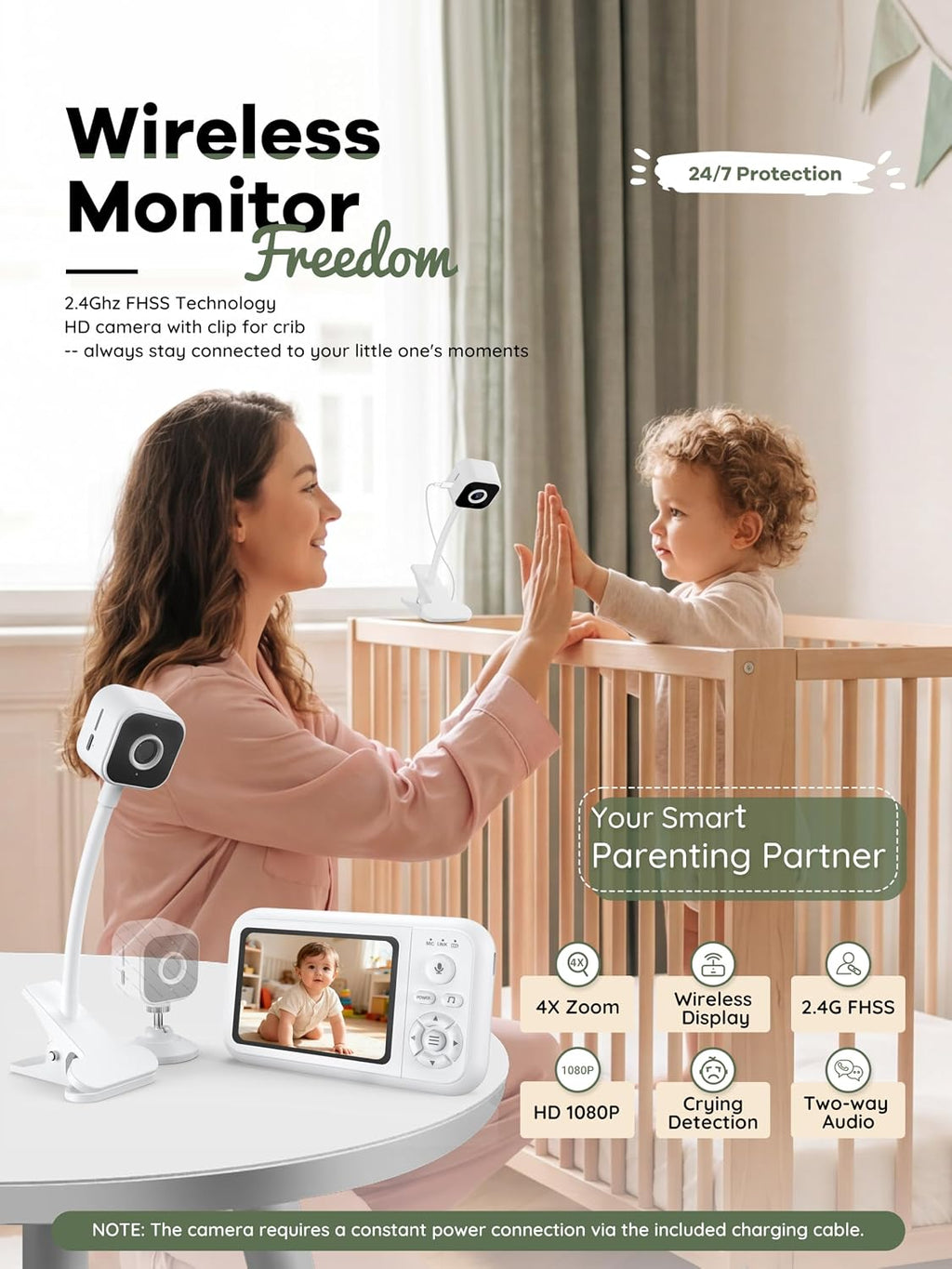 Baby Monitor with Camera and Audio, No WiFi, with Clip for Crib & Stand | Portable 3.5" HD IPS Video Screen, 2.4G